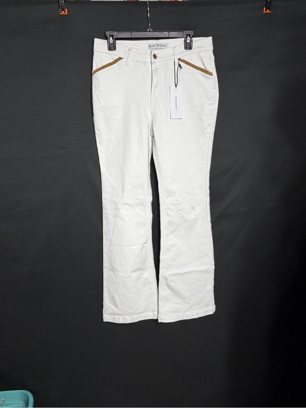 Blue Revival White Flare Jeans with Brown Trim